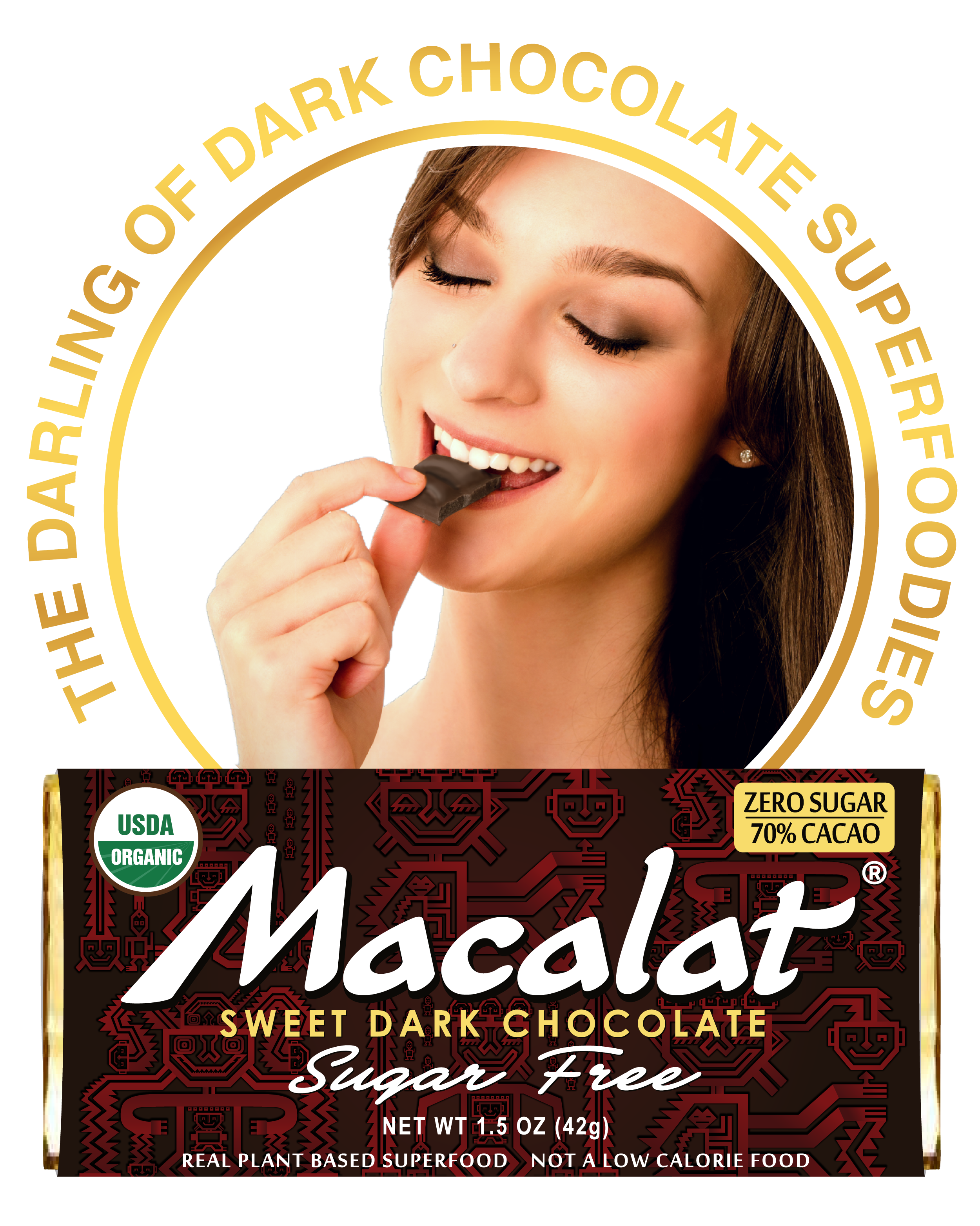Girl eating piece of chocolate. Macalat Sweet Dark Chocolate Bar Sugar Free
